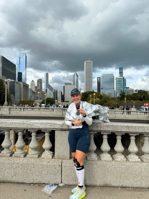 Annette Serio Haddad with her finisher medal after the Chicago Marathon